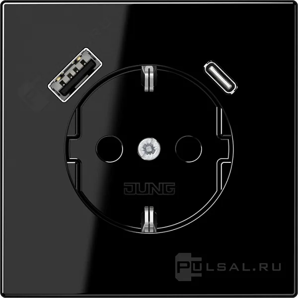 Розетка SCHUKO® с USB-зарядным устройством, тип A + тип С; термопласт; черный JUNG