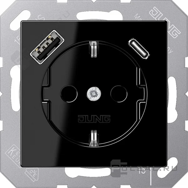 Розетка SCHUKO® с USB-зарядным устройством, тип A + тип С; термопласт; черный JUNG
