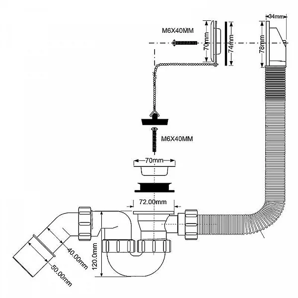 McAlpine Слив-перелив L368 х D34 мм, нерж. реш., пробкой и цепочкой, выход D=40/50 мм