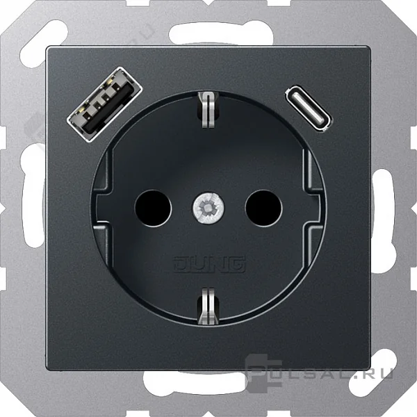 Розетка SCHUKO® с USB-зарядным устройством, тип A + тип С; термопласт; матовый антрацит JUNG