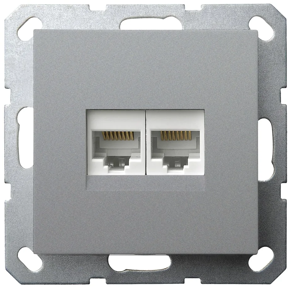 Интернет-розетка RJ45 двойная с накладкой, цвет Алюминий