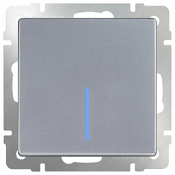 WL06-SW-1G-2W-LED/Выключатель одноклавишный проходной с подсветкой (серебряный)
