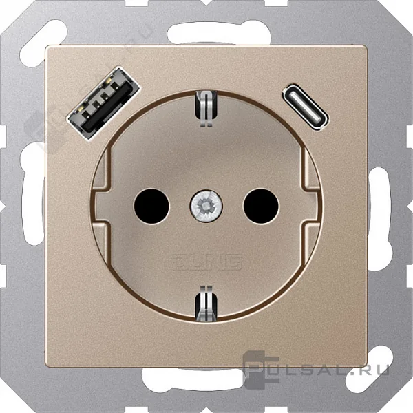 Розетка SCHUKO® с USB-зарядным устройством, тип A + тип С; термопласт; шампань JUNG