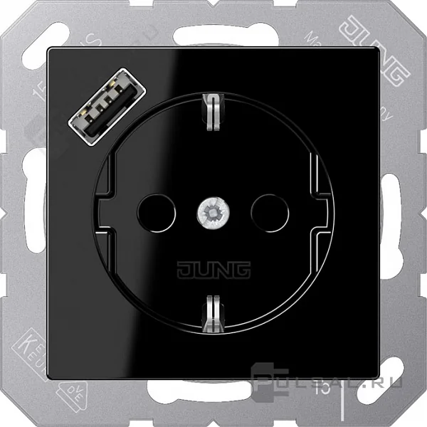 Розетка SCHUKO® с USB-зарядным устройством, тип А; термопласт; черный JUNG