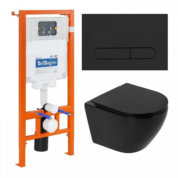 Комплект 4 в 1 Унитаз подвесной BelBagno COLORATO BB062CHR-MB с сиденьем BB062SC-MB + Система инстал