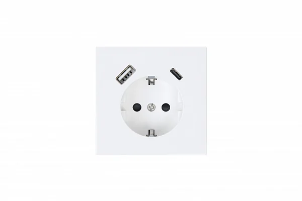Розетка SCHUKO© с USB A+C с защитными шторками 16A 250V~ 2P+T USB 25W, цвет белый глянцевый