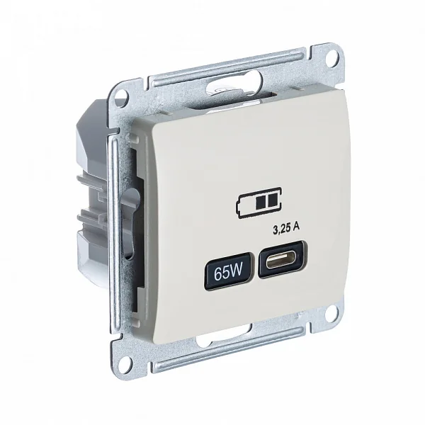 GLOSSA USB РОЗЕТКА тип-C 65Вт высокоскор.заряд. QC, PD, механизм, БЕЖЕВЫЙ