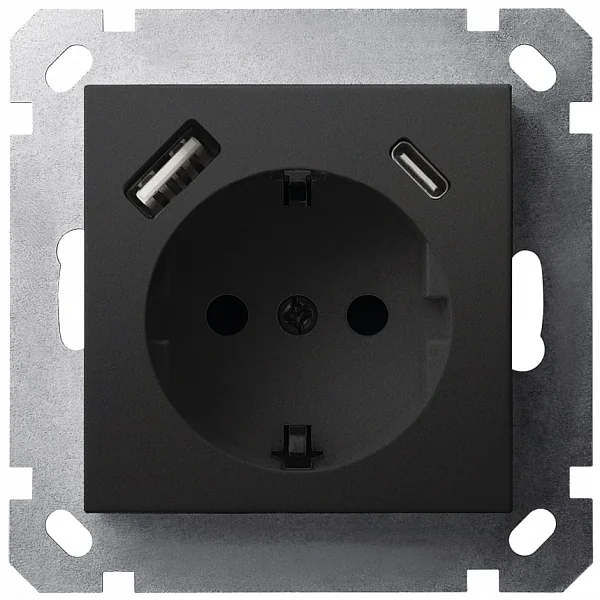 Розетка SCHUKO© с USB A+C с защитными шторками 16A 250V~ 2P+T USB 25W, цвет черный матовый (soft tou