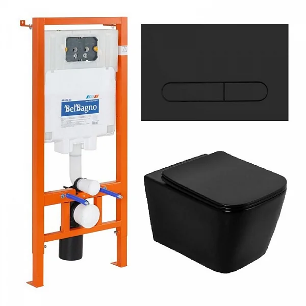 Комплект 4 в 1 Унитаз подвесной BelBagno ARDENTE-C BB3202CHR-MB с сиденьем BB3202SC-MB + Система инс