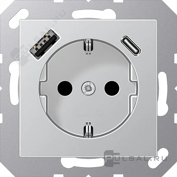 Розетка SCHUKO® с USB-зарядным устройством, тип A + тип С; термопласт; алюминий JUNG