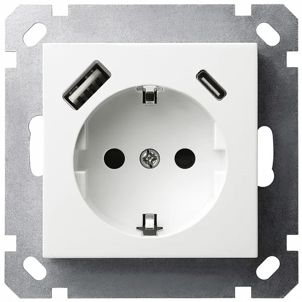 Розетка SCHUKO© с USB A+C с защитными шторками 16A 250V~ 2P+T USB 25W, цвет белый глянцевый JASMART