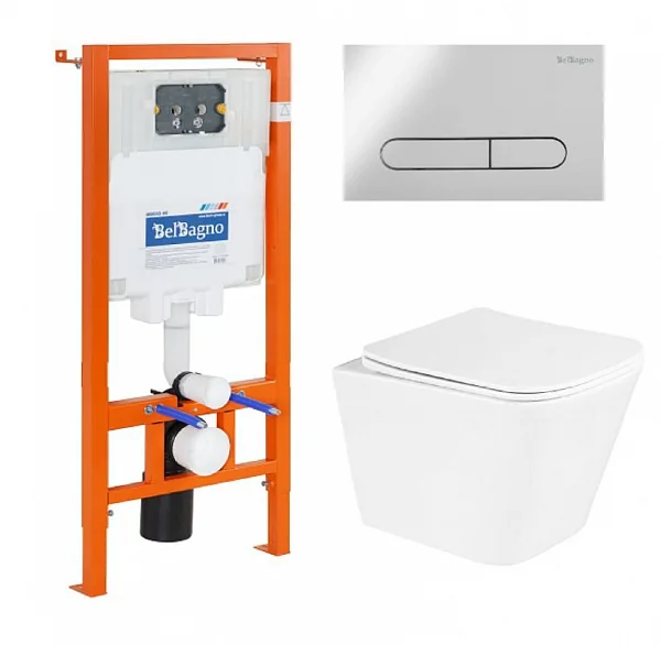 Комплект 3 в 1 Унитаз подвесной с сиденьем BelBagno DUE BB3103CHR/SC + Система инсталляции для унита