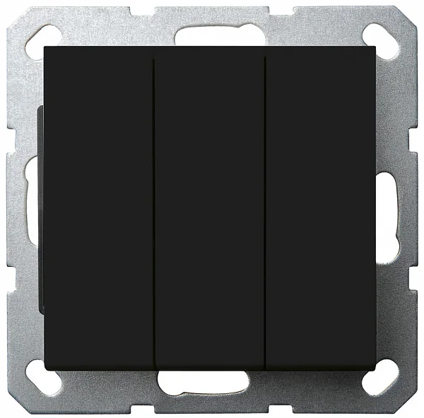 Выключатель трехклавишный 10A 250V~с накладкой, цвет черный матовый (soft touch) JASMART