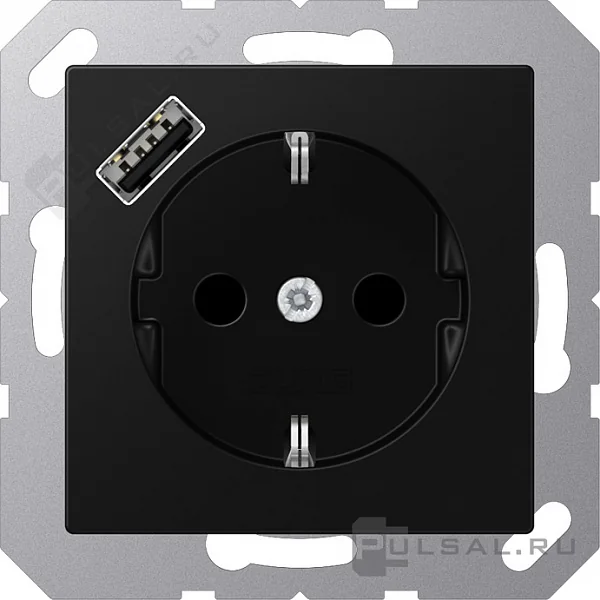 Розетка SCHUKO® с USB-зарядным устройством, тип А; термопласт; черный матовый JUNG