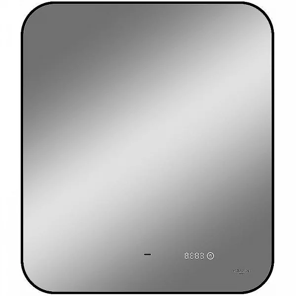 Зеркало Reflection Black View с фоновой подсветкой, бесконт сенс, диммером, часами, черное 600х700