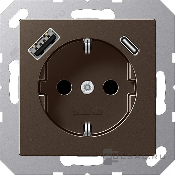 Розетка SCHUKO® с USB-зарядным устройством, тип A + тип С; термопласт; мокка JUNG