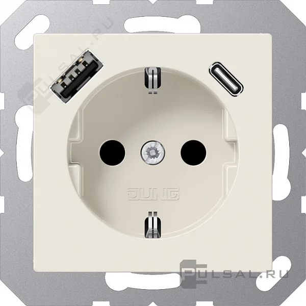 Розетка SCHUKO® с USB-зарядным устройством, тип A + тип С; термопласт; слоновая кость JUNG