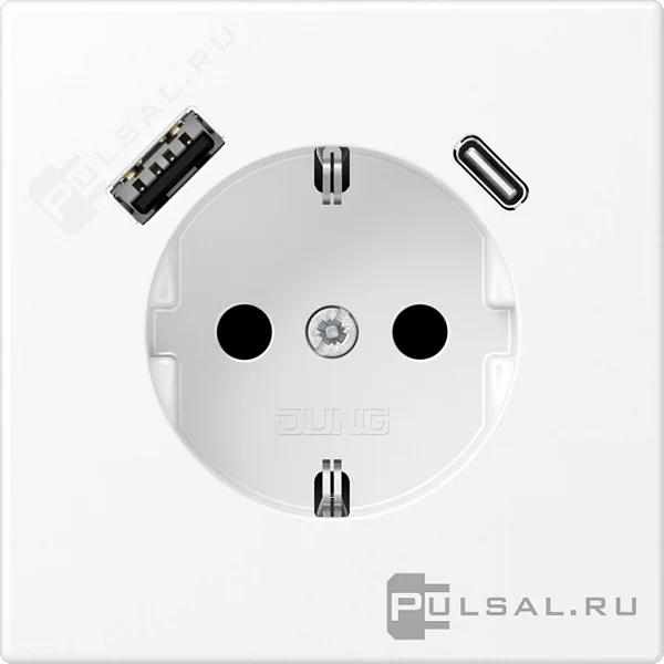 Розетка SCHUKO® с USB-зарядным устройством, тип A + тип С; термопласт; белый матовый JUNG