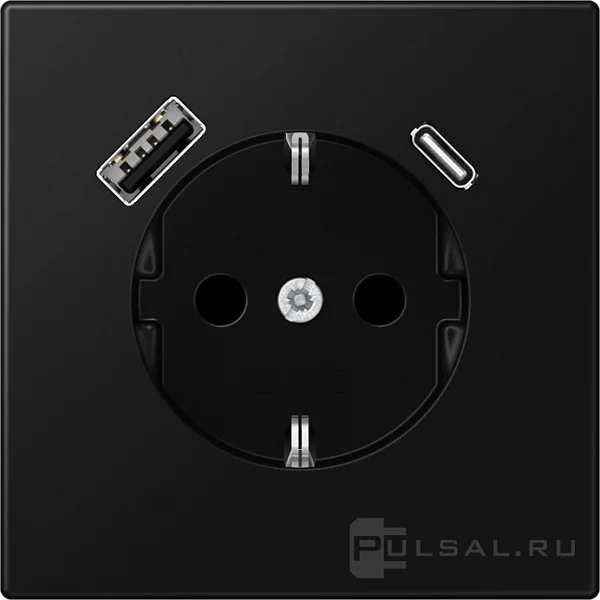 Розетка SCHUKO® с USB-зарядным устройством, тип A + тип С; термопласт; черный матовый JUNG