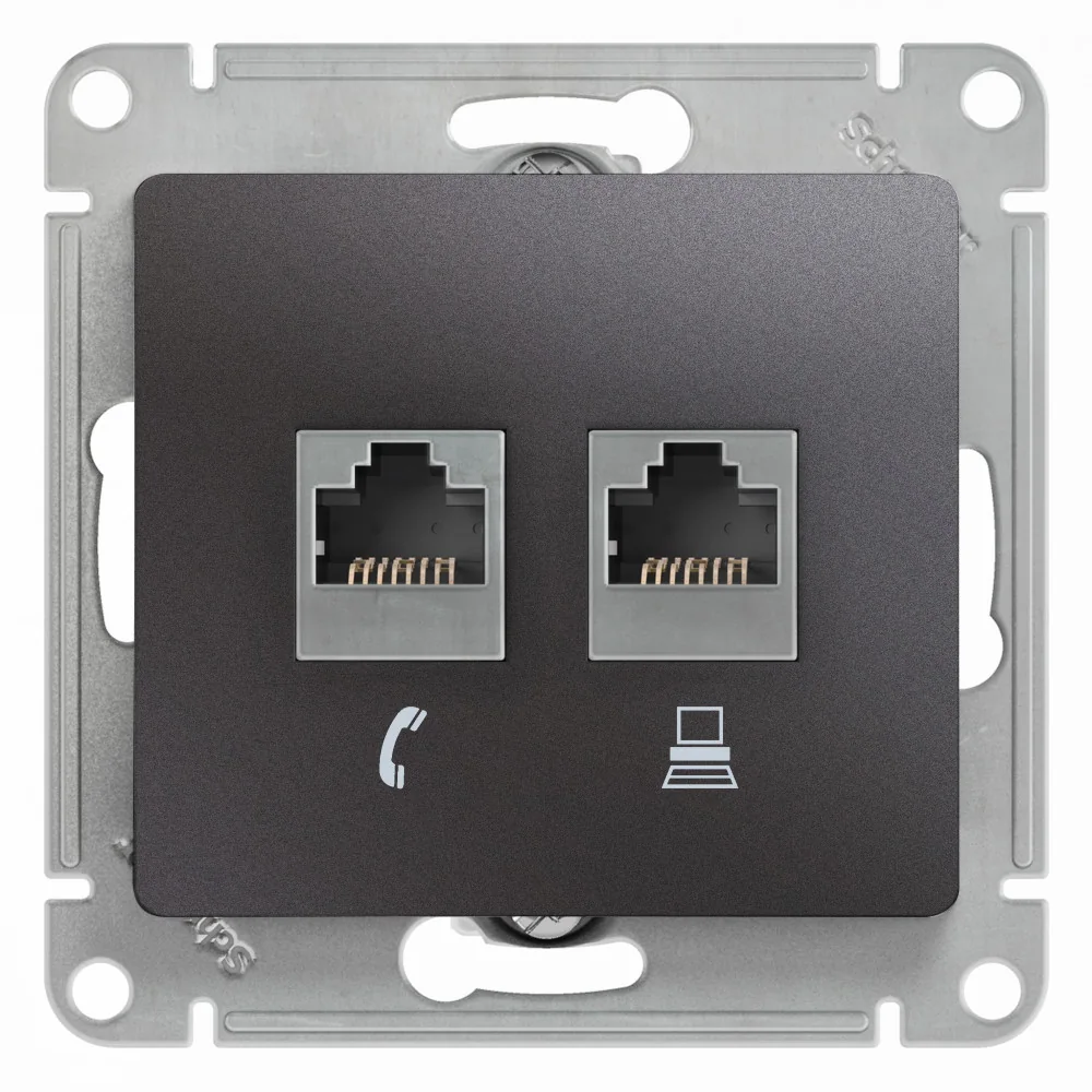 GLOSSA РОЗЕТКА двойная RJ11+RJ45, кат.5Е,механизм, ГРАФИТ
