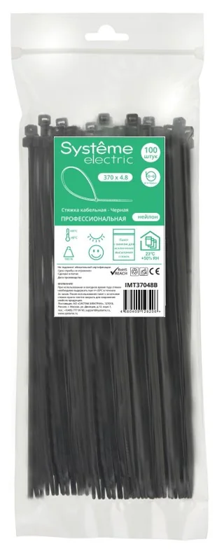 Стяжка кабельная 370х4.8 Чёрная (100шт)