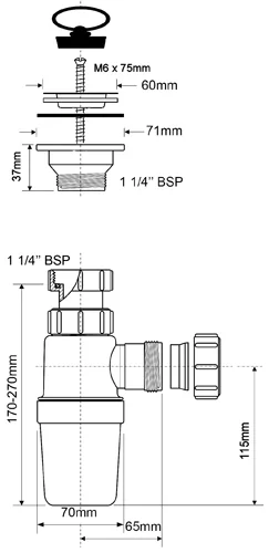 Сифон бутылочный (1 1/4'x32мм) с выпуском (60мм нержавеющая решетка), пробкой; выход компрессионный