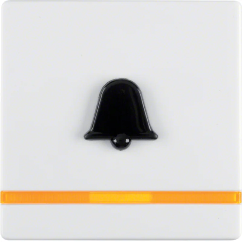 Клавиша выключателя с оранжевой линзой и выступающим символом "Звонок" цвет: полярная белизна, с