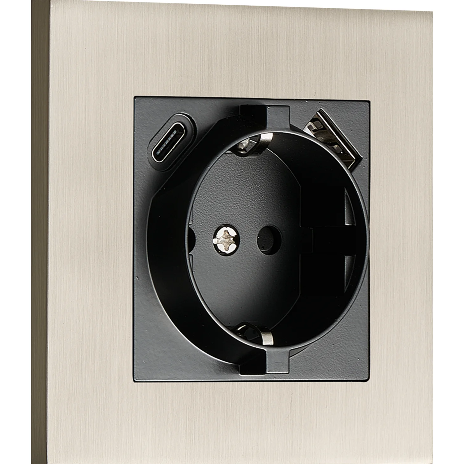 Donel N96 Розетка Schuko с зарядным устройством USB A+C, с защитными шторками, Никель, серия DT