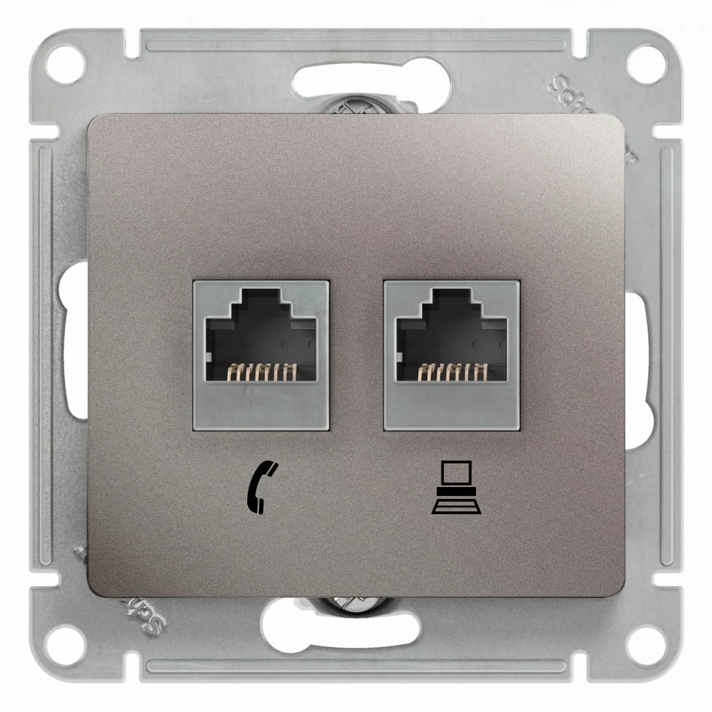 GLOSSA РОЗЕТКА двойная RJ11+RJ45, кат.5Е,механизм, ПЛАТИНА