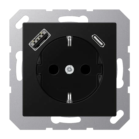 Розетка SCHUKO® с USB-зарядным устройством, тип A + тип С; термопласт; черный матовый