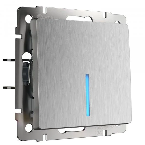 WL09-SW-1G-2W-LED / Выключатель одноклавишный проходной с подсветкой (cеребряный рифленый)