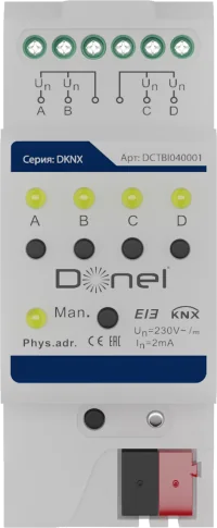 Donel KNX Бинарный вход 4-канальный Вход 0–265 В AC/DC, макс. 2 мА, 0–3 В для «0», 9–265 В для «1»,