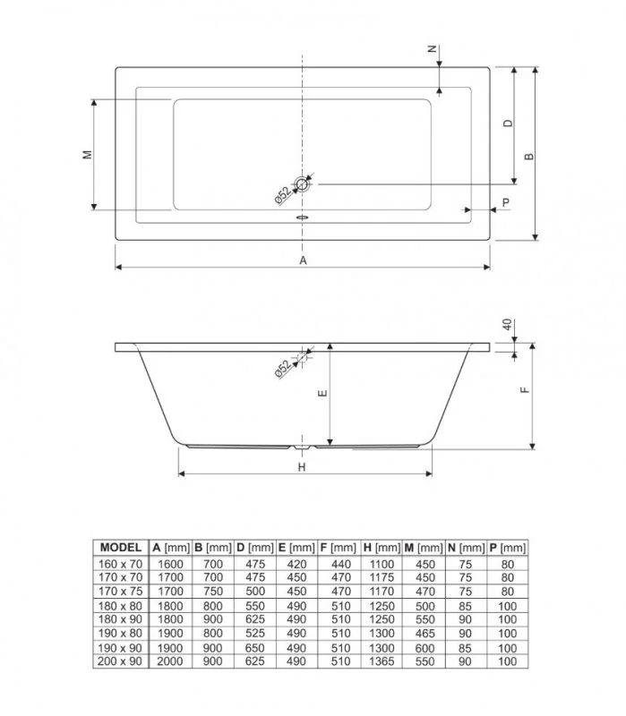 Акриловая ванна CEZARES PLANE MINI-160-70-42, 160x70x42