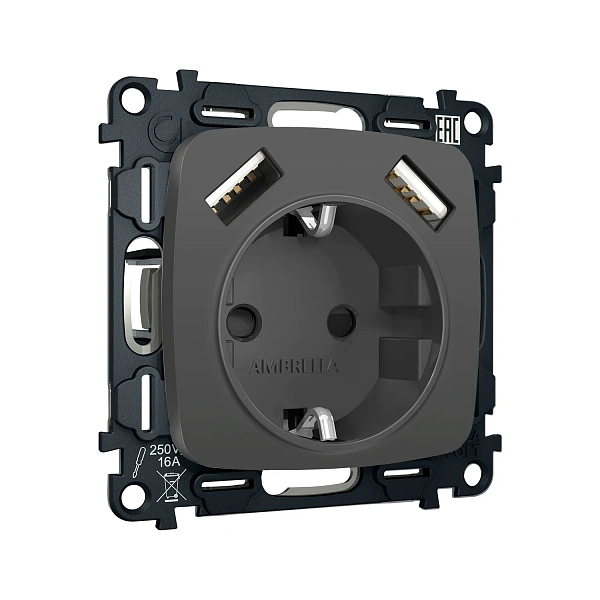 Комплект механизма электрической розетки OMEGA MO909010 Графит мягкое касание 2USB A+A 18W 3000mA (б