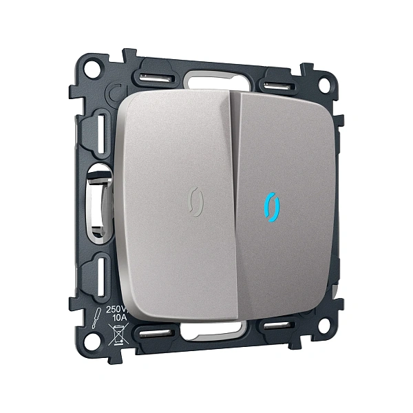 Комплект механизма 2-клавишного выключателя с подсветкой 10000K (голубой свет) OMEGA MO504020 Сталь