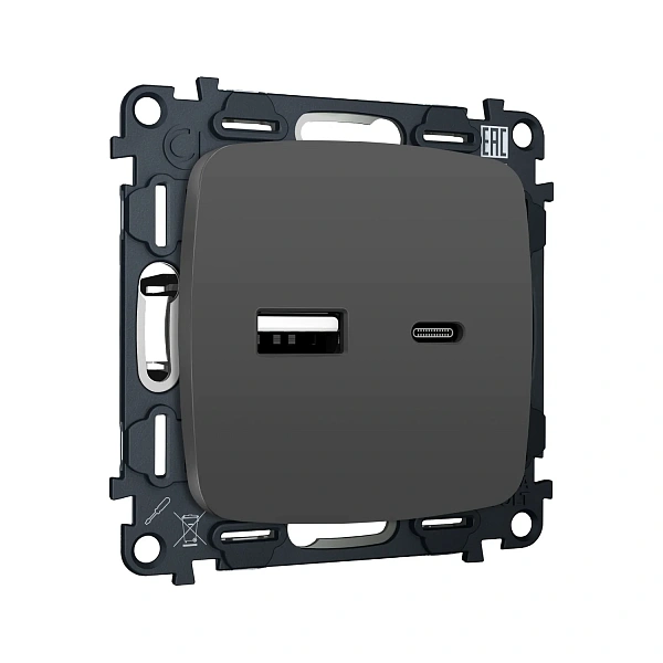 Комплект механизма розетки OMEGA MO911010 Графит мягкое касание 2USB A+C 20W 3000mA (быстрая зарядка