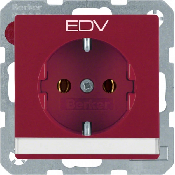 Штепсельная розетка SCHUKO с полем для надписи и оттиском EDV цвет: красный, бархат с надписью "