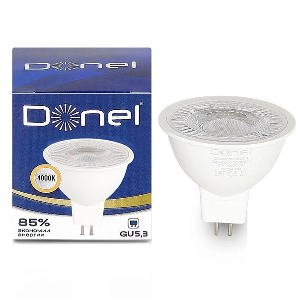Donel, Светодиодная лампа 7Вт, MR16, 220В, GU5,3, 4000K, 525Лм, Ra>80, 60°, D50хH50мм, Серия: DN03