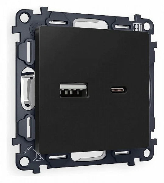 Комплект механизма розетки ALFA MA811010 Черный матовый 2USB A+C 20W 3000mA (быстрая зарядка) 180-22