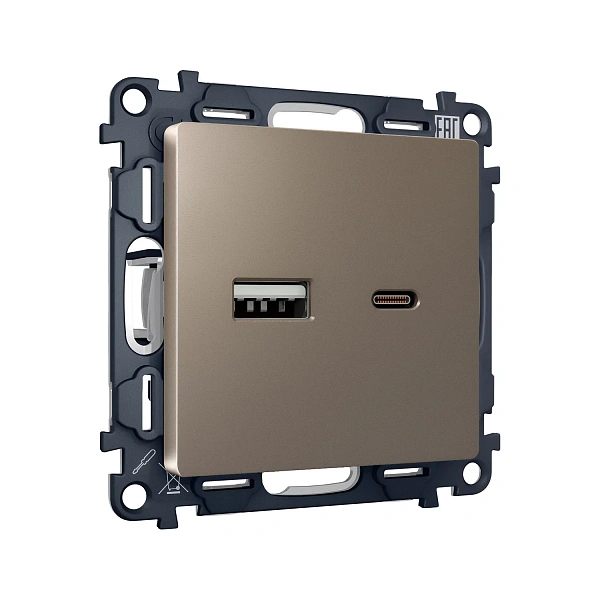 Комплект механизма розетки ALFA MA641010 Темная бронза матовый 2USB A+C 20W 3000mA (быстрая зарядка)