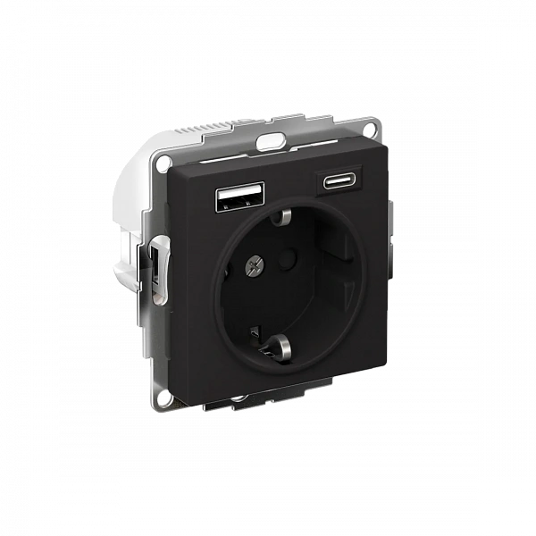ATLASDESIGN РОЗЕТКА 16А c 2 USB A+С, 5В/2,4А/3,0А, 2х5В/1,5А, механизм, КАРБОН