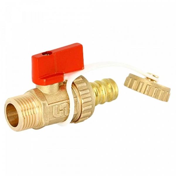 Кран шаровой НН 3/8" x 3/4" сливной со штуцером и заглушкой, флажок красный металл Uni-Fitt