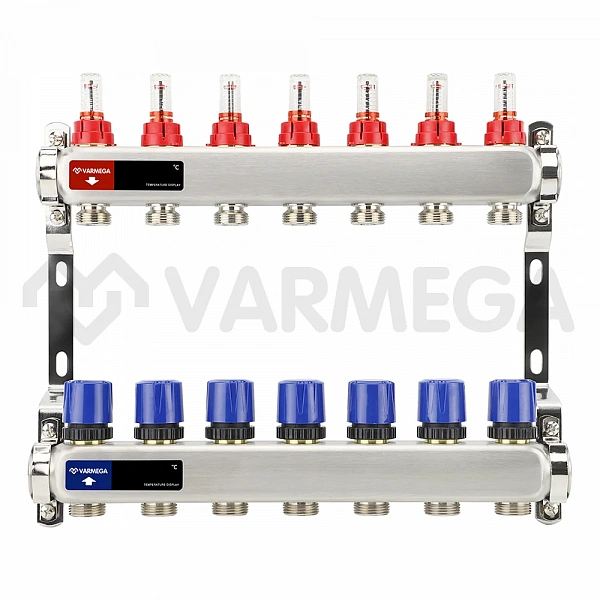 Коллекторная группа с расходомерами Varmega VM15107 ВР 1", на 7 контура 3/4" EK, нержавеющая сталь