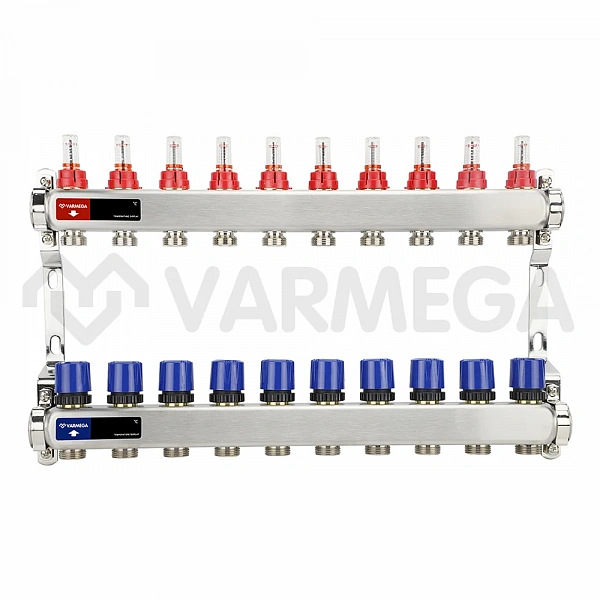 Коллекторная группа с расходомерами Varmega VM15110 ВР 1", на 10 контура 3/4" EK, нержавеющая сталь