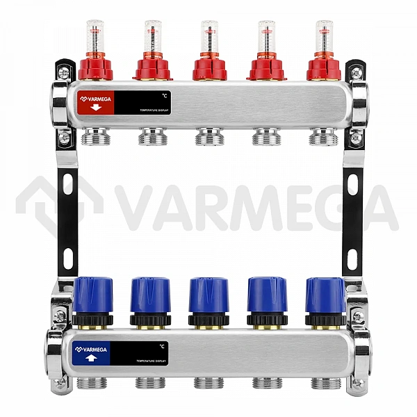 Коллекторная группа с расходомерами Varmega VM15105 ВР 1", на 5 контура 3/4" EK, нержавеющая сталь