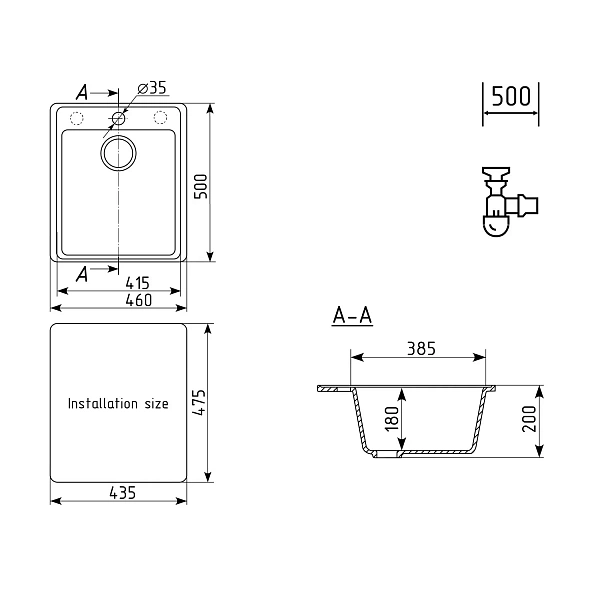 ULGRAN Quartz 460-07 Forte Кухонная мойка 460х500мм, квадратная, цвет черный уголь