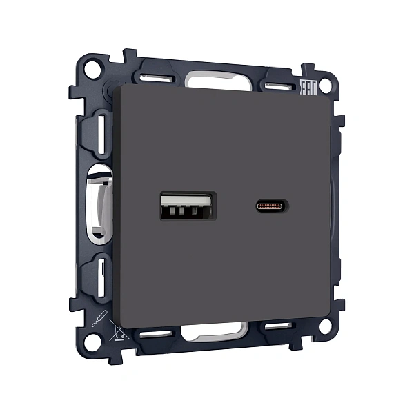 Комплект механизма розетки ALFA MA911010 Графит мягкое касание 2USB A+C 20W 3000mA (быстрая зарядка)