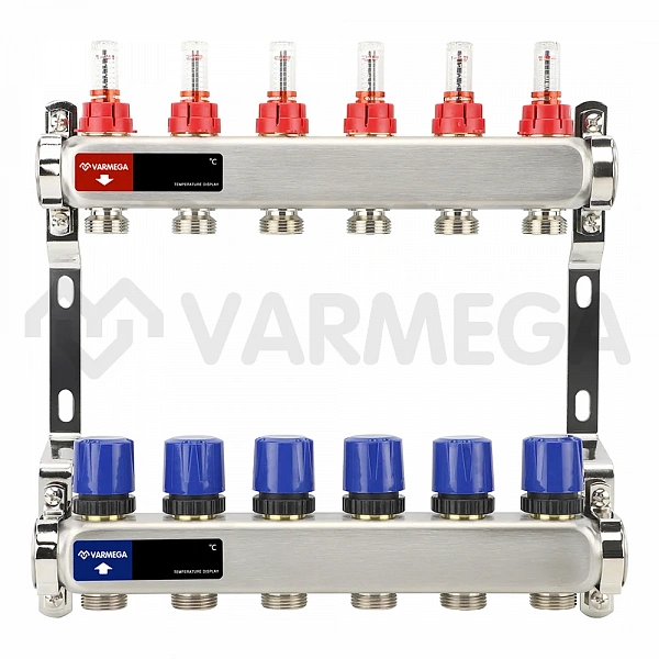Коллекторная группа с расходомерами Varmega VM15106 ВР 1", на 6 контура 3/4" EK, нержавеющая сталь