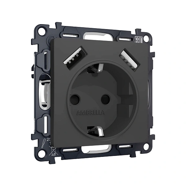 Комплект механизма электрической розетки ALFA MA909010 Графит мягкое касание 2USB A+A 18W 3000mA (бы