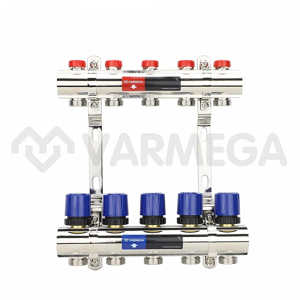 Коллекторная группа для отопления Varmega VM15805 ВР 1", на 5 контуров 3/4" ЕК, латунь